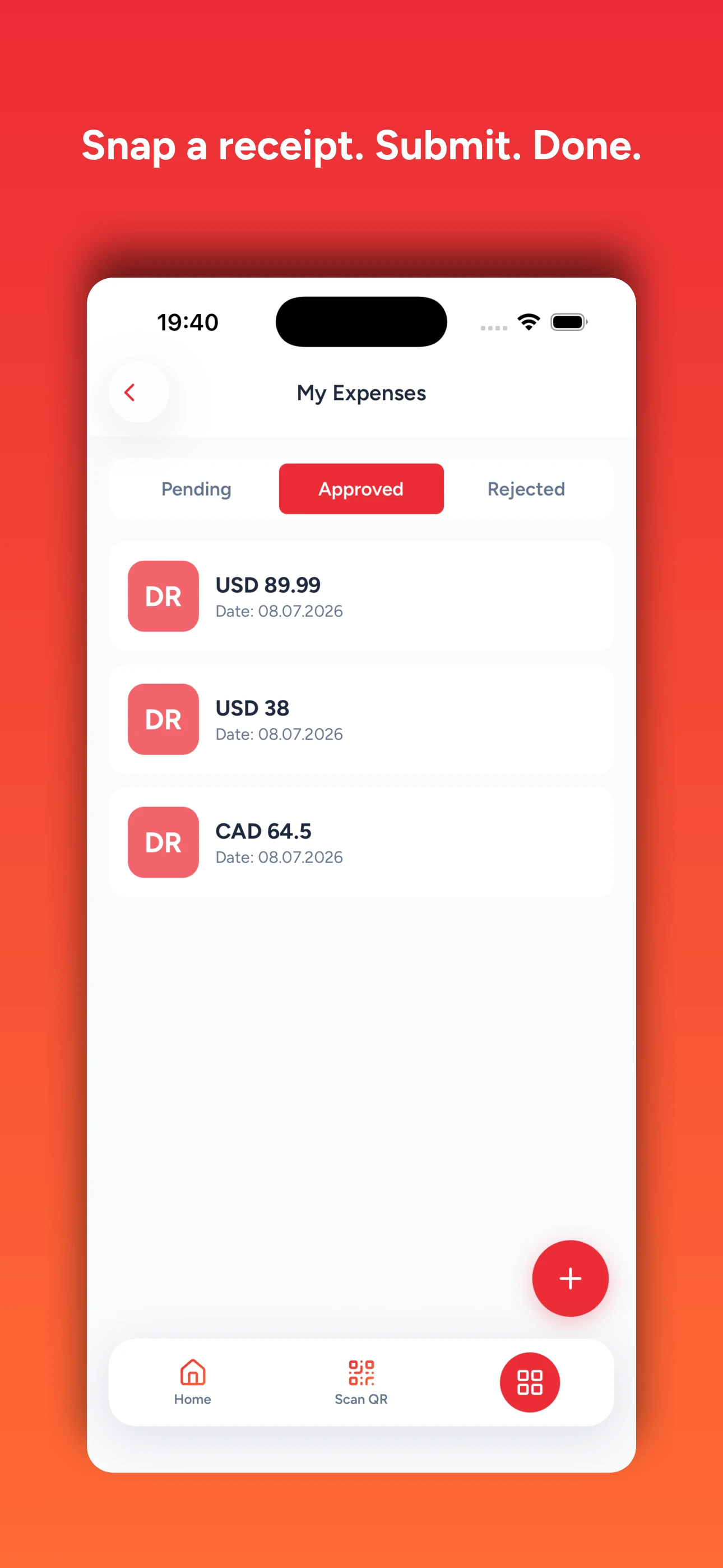 Tymbly mobile app expense tracking screen with expense reports