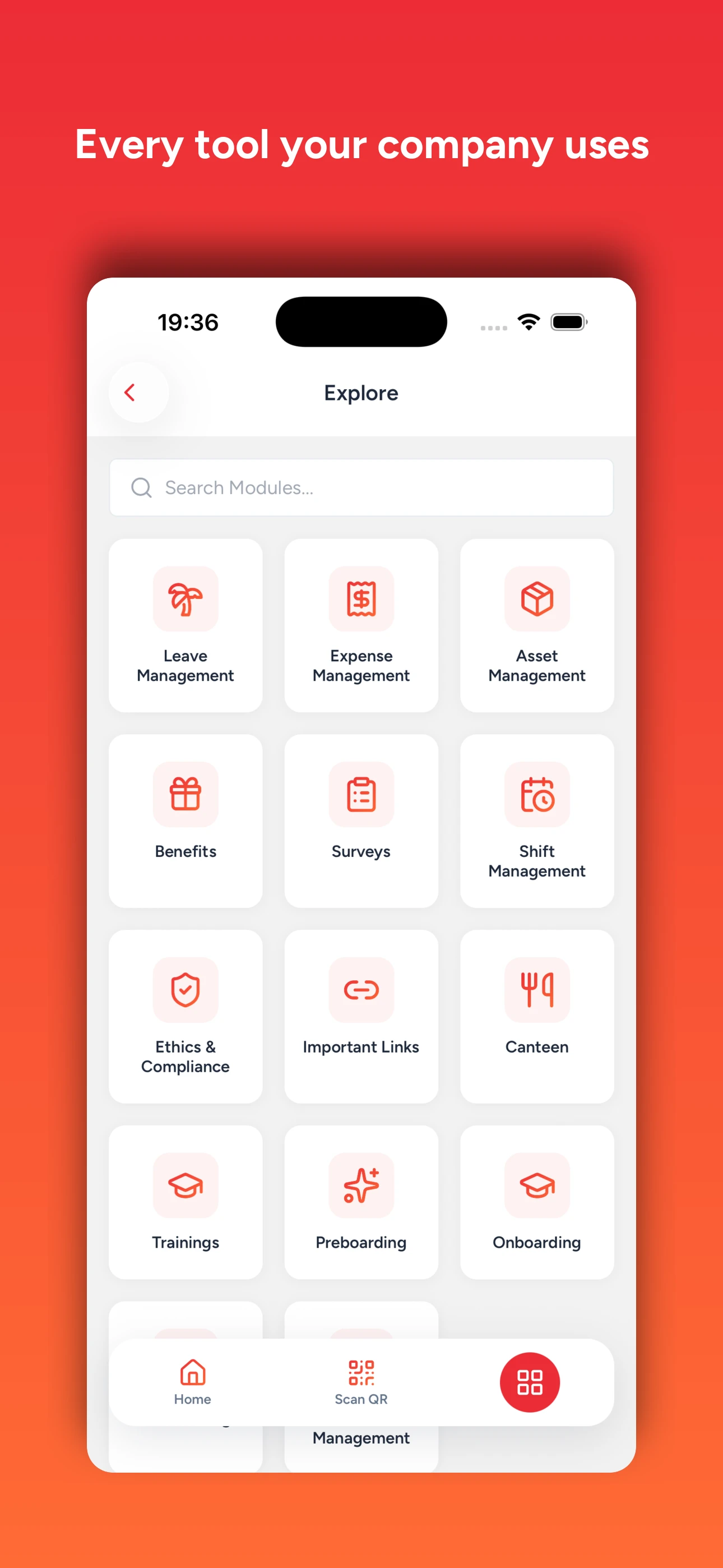Tymbly mobile app explore screen with all HR modules