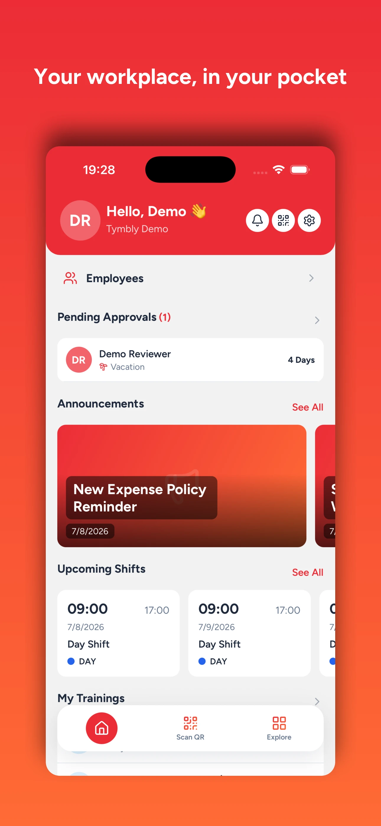 Tymbly mobile app home screen with approvals, announcements and shifts