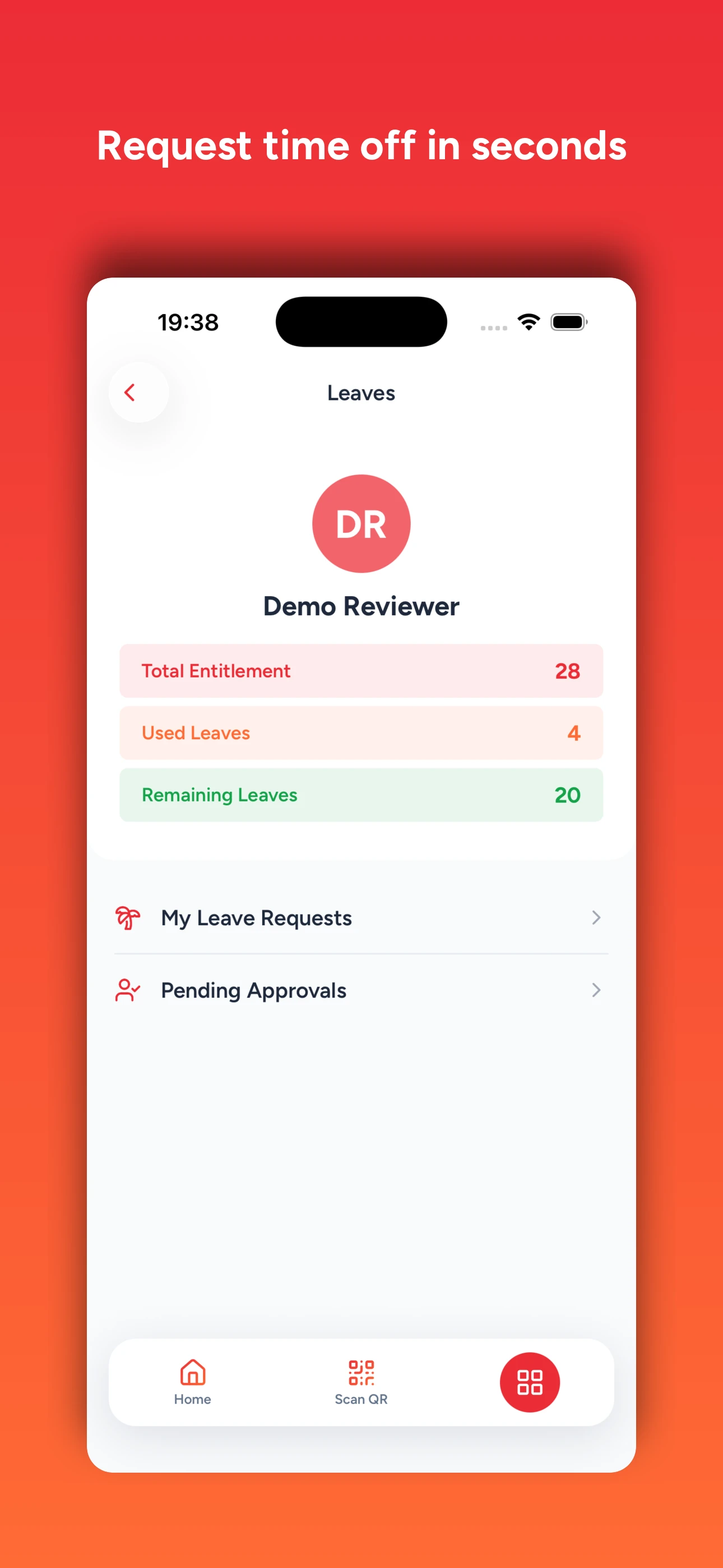 Tymbly mobile app leave management screen with balances and requests