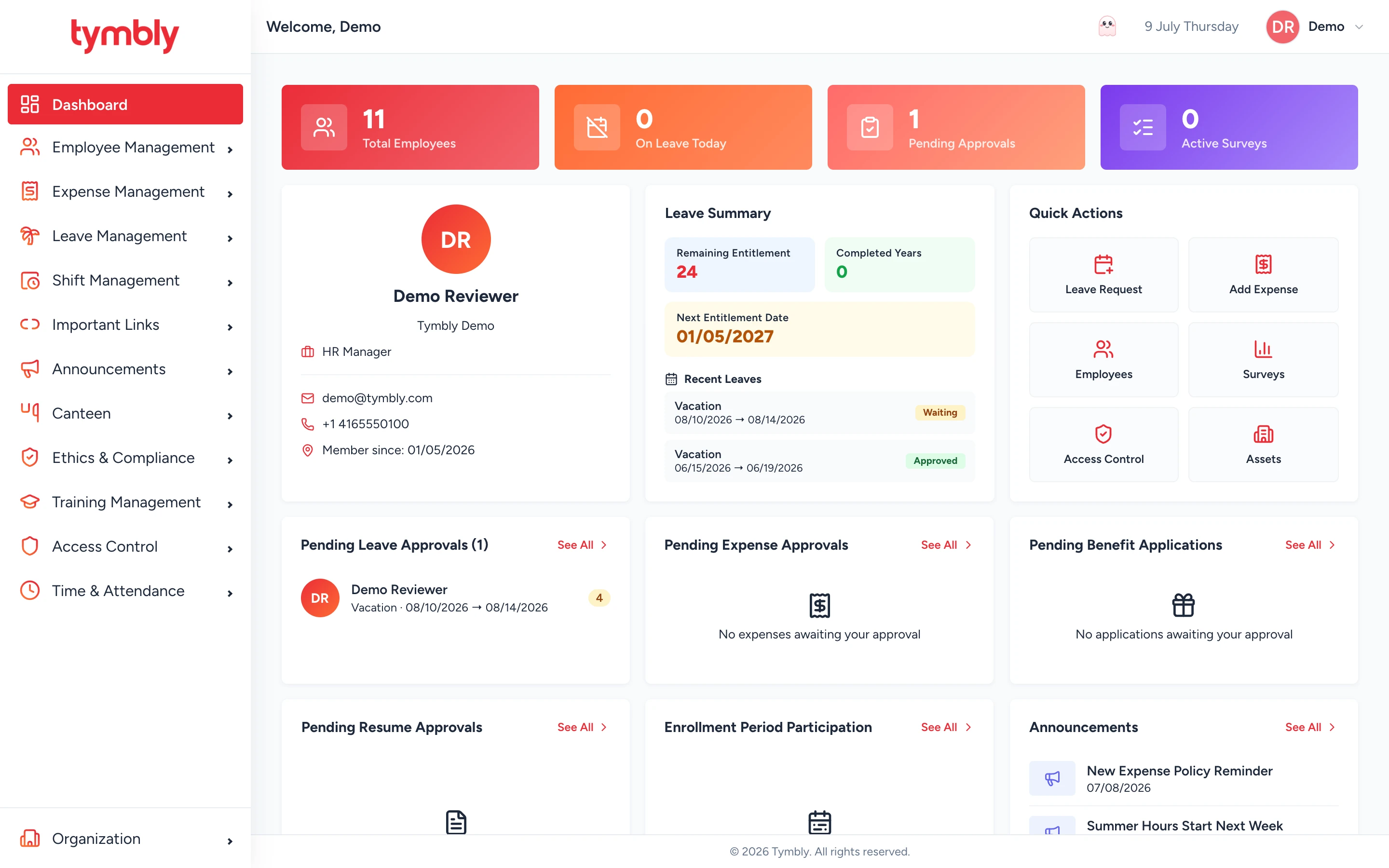 Tymbly web dashboard with employee stats, leave summary, and pending approvals